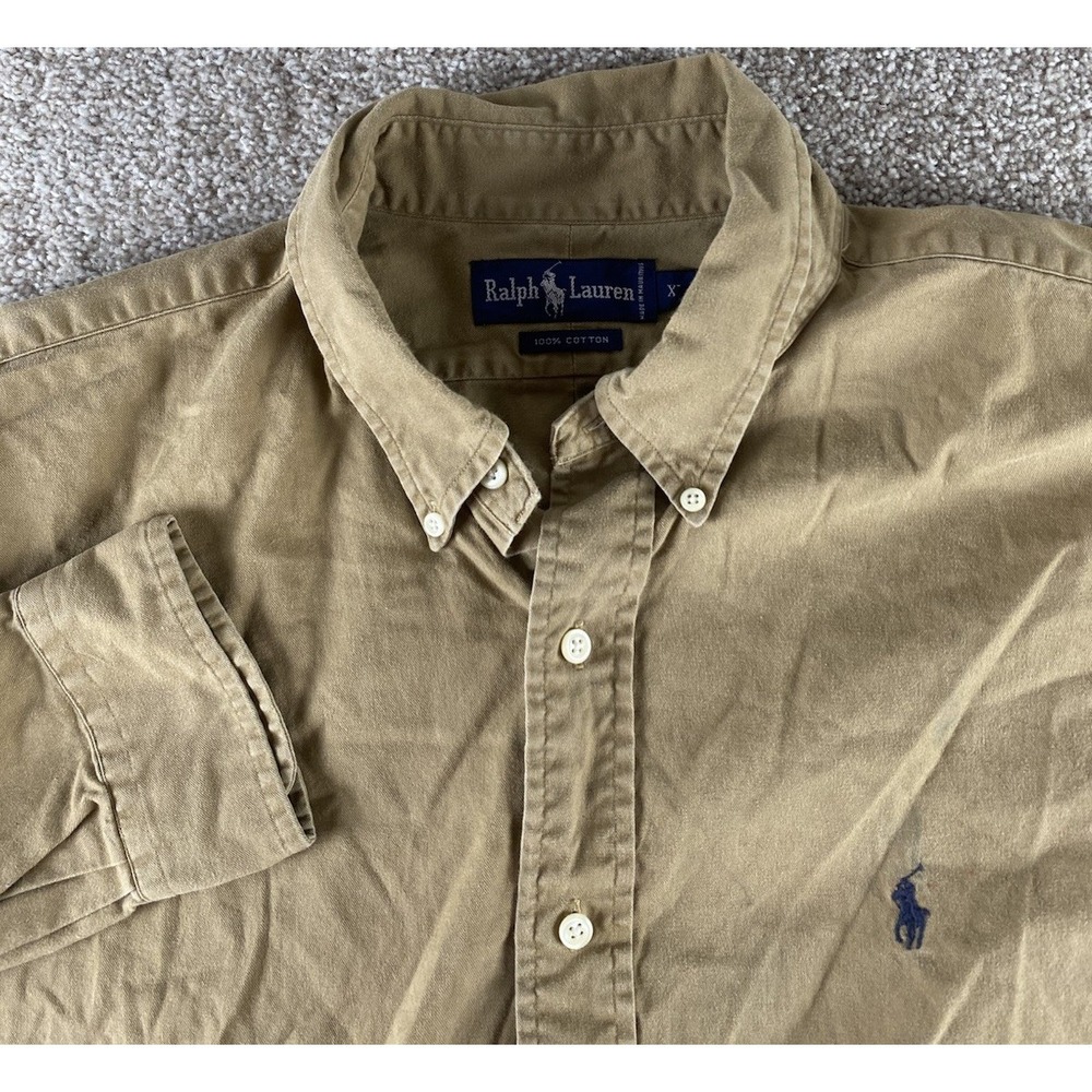 Polo Ralph Lauren Solid Beige Dress Shirt Blue Pony Mens XL Prep Cotton Relaxed